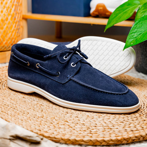 16-675-NVY VENICE Italian Sueded Goatskin Boat Shoes, Navy