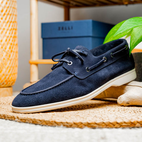 16-675-NVY VENICE Italian Sueded Goatskin Boat Shoes, Navy